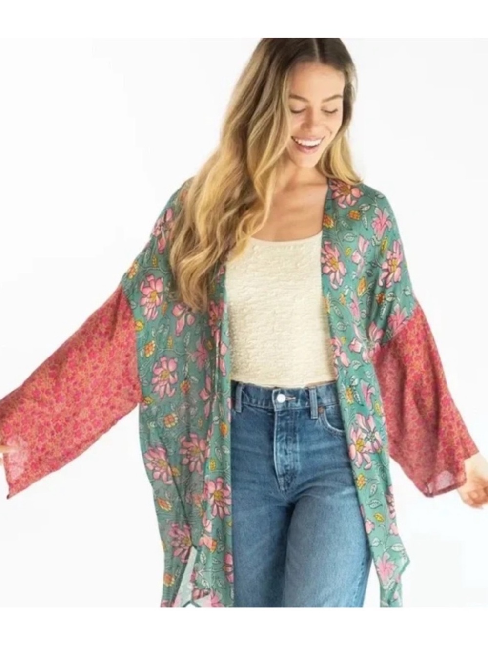 Natural Life Sierra Mixed Print Kimono Teal Pink Lilies Semi-Sheer Boho-S/M
